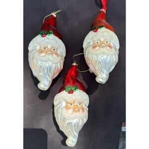 3 Vintage Dept 56 Hand Blown Glass Santa Head Red Hat Christmas Ornament -LO10